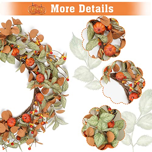 Fall Wreath For Front Door, Autumn Wreath With Pumpkin And Eucalyptus Leaf, Farmhouse Fall Decoration For Thanksgiving Wall Outdoor 20” #TOP4