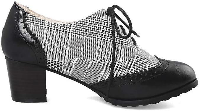 MFairy Women's Vintage Block Heel Brogue Shoes Plaid Lace up Oxford Shoes