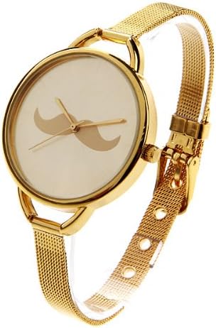 Mustache Round Dial Quartz Wristwatch Bracelet Watch with Slim Gold Band for Women - Gold