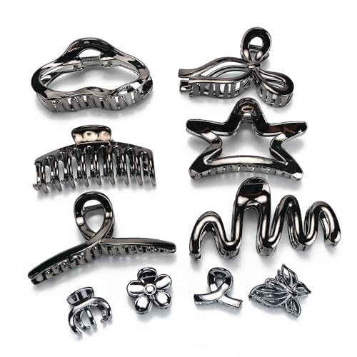 LONEEDY 10 Pack 5.1Inch Extra Large Hair Clips for Women Thick Hair and Long Hair, Silver Multi-Styles Big Claw Clips, Strong Hold Jaw Clips (Silver Black, Large)