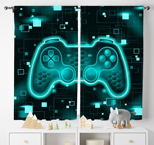 wlsgdsg Game Curtains for Kids Cartoon-Style Cool 3D Geometric Building Blocks Cyan Flashing Game Console Windows Treatments for Boys Nursery Children Room Bedroom Living Room 42x62.5in（No Blackout）