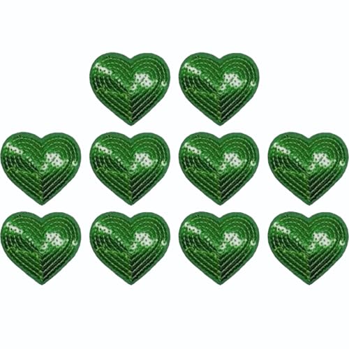 mancyz Heart Sequin Patches, 10 Pack Iron-on & Sew-on Appliques, Shiny Green Polyester Hearts for DIY Clothing, Bags, Hats, Modern Style Embroidered Decorations, 3.35 Inch