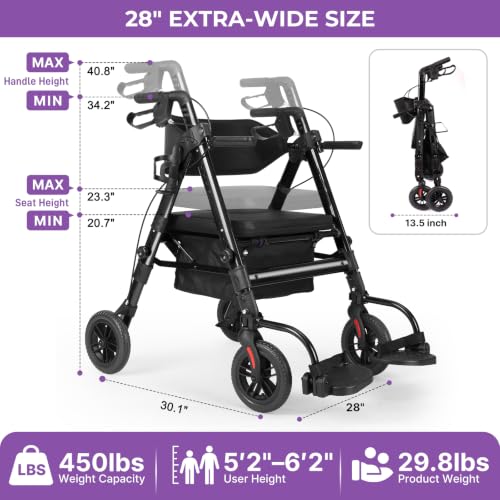 Image of Heavy Duty Rollator Walkers for Seniors with Seat, Foldable 2 in 1 Rolling Walker Wheelchair Combo for Adult, All Terrain Wheels, Adjustable 4 Wheel Walker with Brake, 450 lb. Weight Capacity, Black