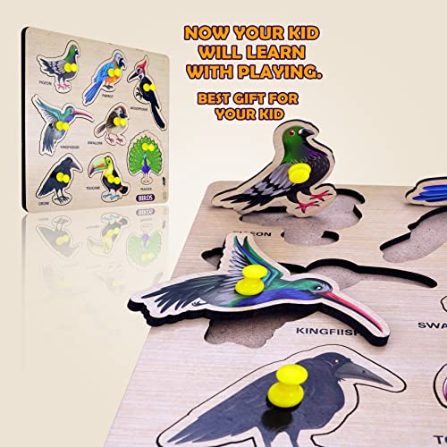 Image of Birds Wooden Puzzle for Kids Educational Interactive Montessori Learning Toy Colorful Wooden Bird Peg Puzzle for Toddlers & Preschoolers Early Cognitive Development Safe & Durable Playset