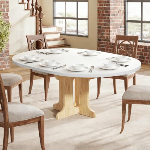 Table à manger extensible, 90-120 cm, ronde/ovale, table de cuisine en MDF pour 2 à 8 personnes, hauteur 75 cm, table à manger moderne pour salon, cuisine, socle en bois croisé, gain de place (blanc)