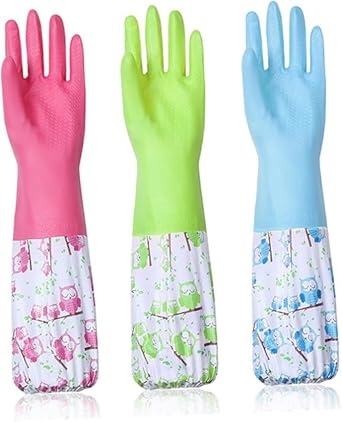 Glemme Long Kitchen Rubber Gloves for household with Owl Pattern, 18.5 Inch Length, Flocked Lining, 3 Colors, 2 Pairs