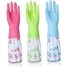 Glemme Long Kitchen Rubber Gloves for household with Owl Pattern, 18.5 Inch Length, Flocked Lining, 3 Colors, 2 Pairs