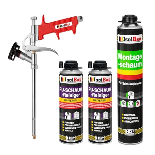 Isolbau Bauschaum-Set - Inkl. 1 x 1K Montageschaum B2 Pistolenschaum mit hervorragender Schall und Wärmedämmung (je 750 ml), 2 x PU-Schaum-Reiniger (500 ml) & 1 x Schaumpistole, Dämmen