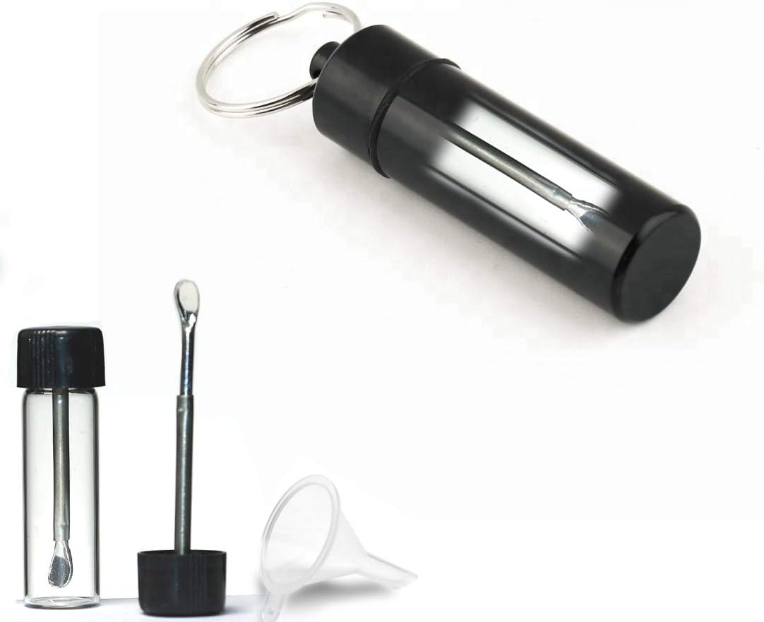 Glass Vial with Snuff Spoon in Waterproof Aluminum Pill Case | Small Glass Bottle with Mini Funnel in Keychain Pill Holder for Outdoor Travel (Black)