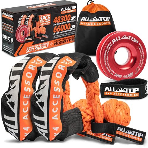 Image of ALL-TOP Synthetic Soft Shackle & Recovery Ring Kit (2PCS 1 /2in x 22in - 48300LBS Shackles + 1 Red Snatch Pulley Ring) for Winch Tackle Pulley System