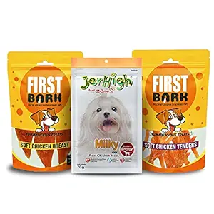 Jerhigh Dog Treat , First Bark Dog Jerky Combo - Jerhigh Milky 70g , First Bark Soft Chicken Tenders , First Bark Soft Chicken Breast Sold by DogsNCats