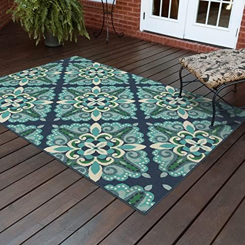 Oriental Weavers Meridian Indoor/Outdoor Rug - 2206B - 6'7" x 9'6" - in Blue/Green - Moroccan Style, Water, Stain and Fade Resistant, Hose Clean, Patio, Outdoor Living Area Rug
