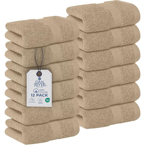 Image of DAN RIVER 12-Pack Premium 100% Cotton Tan Face Towels for Bathroom - Reusable Face Wash Cloths for Showering 12x12 Inches - 550 GSM Super Soft & Absorbent Luxury WashCloths for Body, Spa & Gym