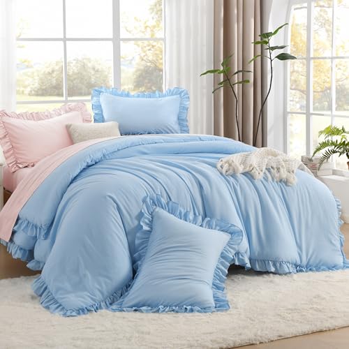 Image of Litanika Light Blue Full Size Comforter Sets, 3 Pieces Ruffle Farmhouse Aesthetic Bedding Comforter Sets, All Season Soft Lightweight Fluffy Microfiber Bed Set(79x90In Comforter, 2 Pillowcases)