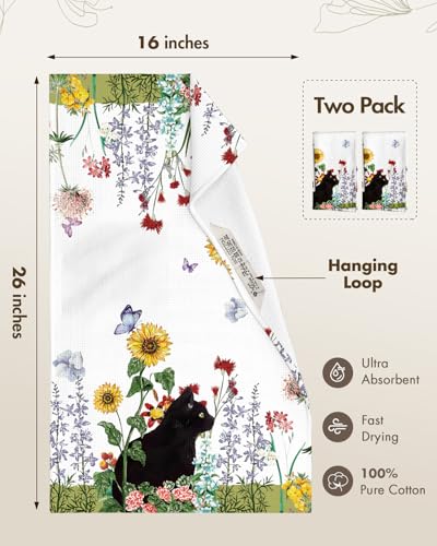 Image of Miss Adola 2pcs Waffle Kitchen Towels - 16x26 Inch Cotton Waffle Weave Dish Cloths Set of 2 with Hanging Loop Absorbent Hand Tea Towels Cute Design for Housewarming Gift, Cat in Flowers