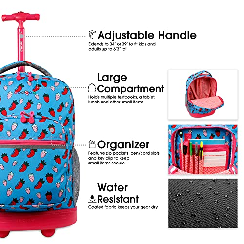 Image of J World Sunrise Kids Rolling Backpack with Wheels for Girls Boys, Roller Bookbag for School, 18 x 13 x 9 Inches, Strawberry