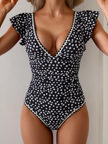 Image of Aidonger Women's One Piece Ruffle Swimsuit Tummy Control Bathing Suit V Neck Shell Stitched Swim Suit Slimming Swimwear