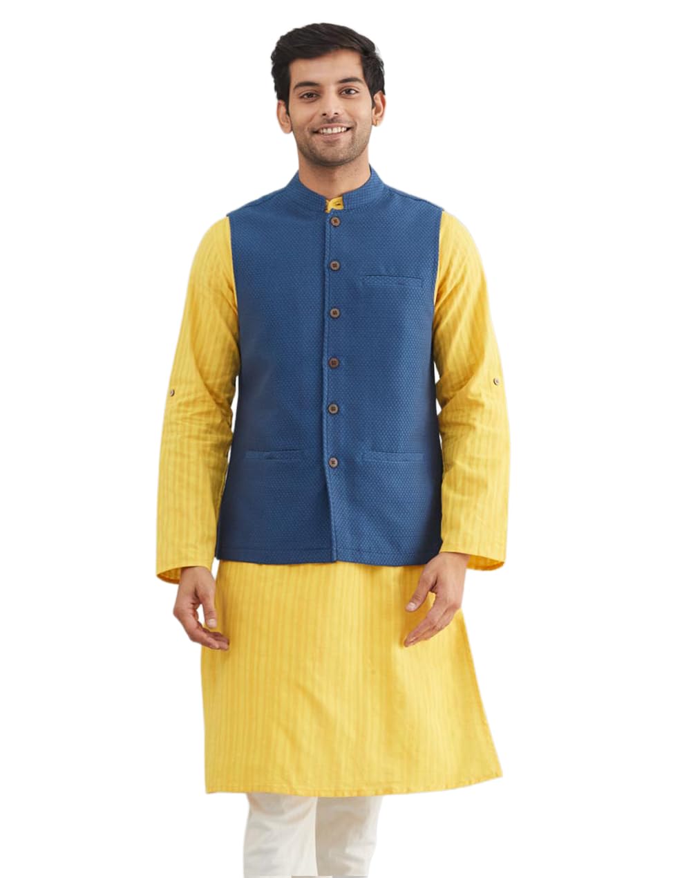 fabindia Blue Cotton Dobby Nehru Jacket-picture-49