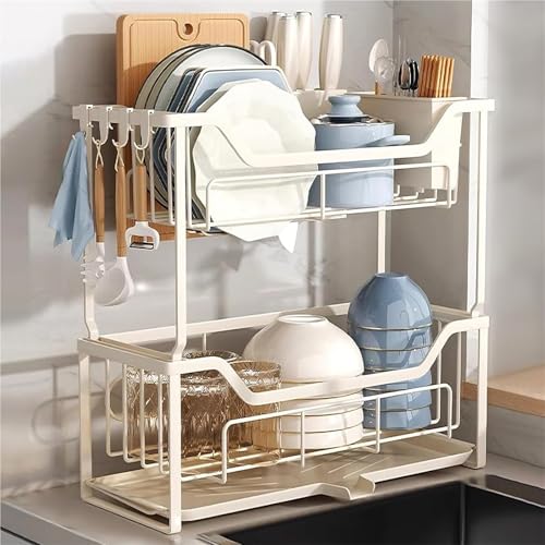 HANELREEZD El Estante for Platos con escurridor Organiza Platos y artículos de baño for Espacios Estrechos. Se Adapta al Estante de Secado de Dos Pisos. escurreplatos(White)