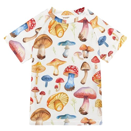 ALAZA Boys Swim Shirt Short Sleeve Rash Guard for Boys Girls UPF 50+ Different Mushrooms 9-10T