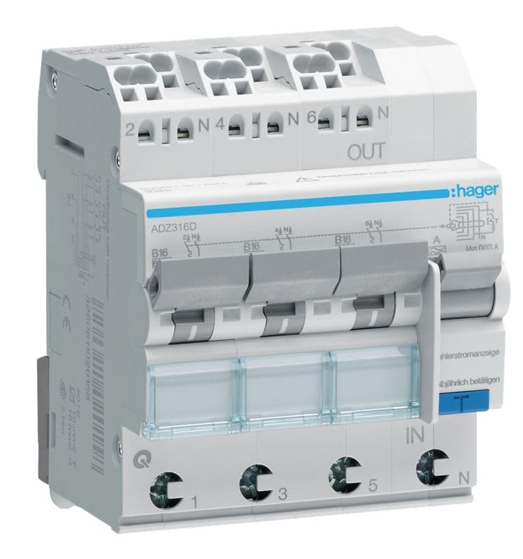 FI/LS-Schutzschalter Hager ADZ316D Kompaktes Gerät wie 3x Einzel FI/LS 3x 1-polig B16A integrierter FI-Schutzschalter 30mA Einzelabsicherung und nur 71mm Breite 4TE