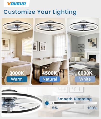 Image of VOLISUN RGB Ceiling Fan with Lights and Remote, 23.6in Low Profile Ceiling Fan Flush Mount, 3000K-6500K Dimmable Fandelier LED Fan Light, Black Bladeless Ceilings Fans for Bedroom