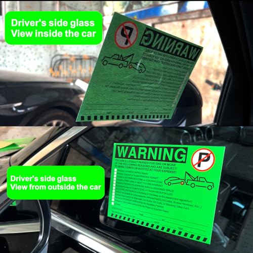 Image of Illegal Parking Warning Stickers - Vibrant Green Parking Violation Notices - Stick-it-and-Forget-it Adhesive - 50 pcs Private Parking Violation Decals for Car Windows - Size 5.5X7.5 inch.