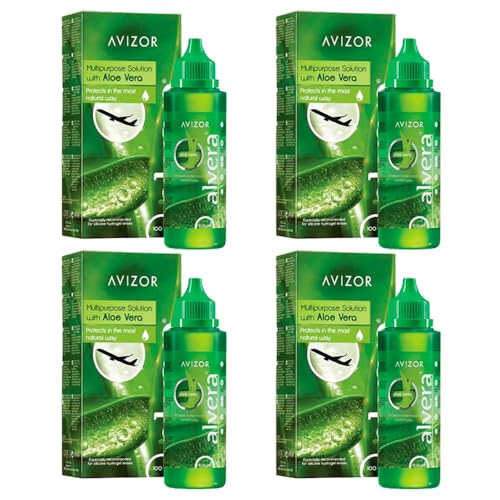 AVIZOR ALVERA 4x100ml - Solución con Aloe Vera para Limpieza y Desinfección de Lentillas - Protección Natural - Confort Duradero - Apto para Todo Tipo de Lentes de Contacto Blandas - Formato Viaje