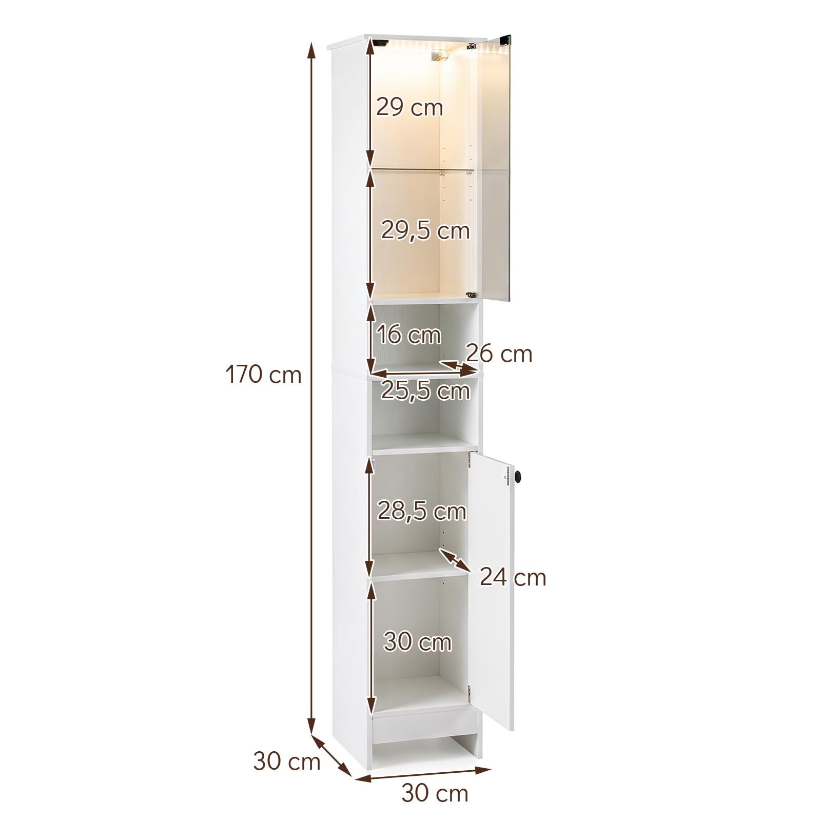 LIFEZEAL Mobile Bagno con LED, Telecomando, 30 x 30 x 170 cm (Bianco) | Colonna di Stoccaggio Stretto Alto con Porta in Vetro Temperato, Ripiani Regolabili, Armadio su Piede per WC Cucina Soggiorno