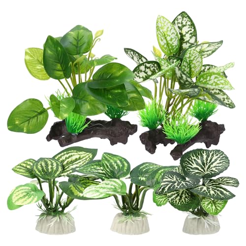 CAPASTEC Aquarium Plastic Plants, Driftwood Betta Silk Plants, Silk Plants Aquarium Set Decorations, Silk Aquarium Plants for Betta Fish (Green, 5pcs)