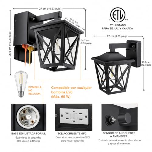 Image of Ehaho Porch Light with GFCI Outlet Aircraft Grade Aluminum Alloy Black 2PCS | Dusk to Dawn Outdoor Lights Waterproof IP 68 Upgraded 3 Lighting Modes Exterior Light with Plug for Front Door Patio Garage