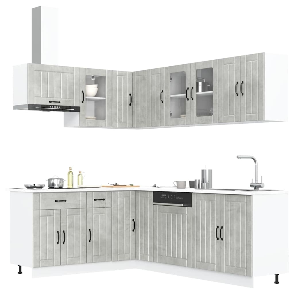 Set di 11 mobili da cucina Lucca in legno grigio cemento con versatile spazio per cucine moderne, inclusi mobiletti pensili, armadio angolare e pannello per lavastoviglie