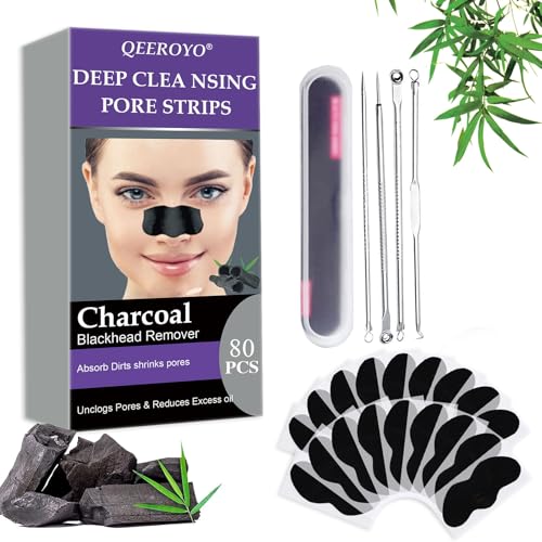 80Pcs Patch Point Noir, Point Noir Nez, Bandes Tire-Comédons au Charbon de Bambou, Éliminent l’Excès de Sébum et Débouchent les Pores, Convient à Toutes les Peaux