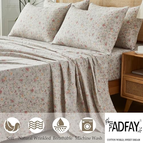 Image of FADFAY King Size Cooling Sheets Set for Hot Sleepers (Light Grey Rose) | 100% Cotton Double Gauze Breathable Soft Sheets Deep Pocket Up to 17.5 Inches Hotel Luxury Muslin Bedding