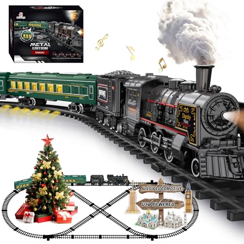 Image of Electric Train Sets for Kids Metal Alloy Christmas Train Toys Steam Locomotive, Glowing Passenger Carriages, Luxury Tracks, Light & Sounds Rechargeable Birthday Gifts for Boys Girls Red Green