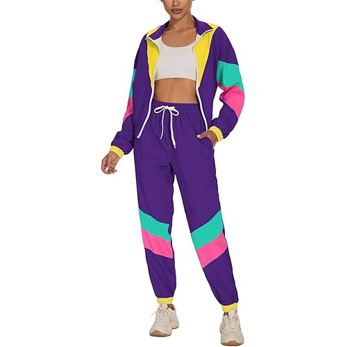 UOUA Women's Color Block 2 Piece 80s 90s Outfits Long Sleeve Windbreaker Jacket Tracksuit Set