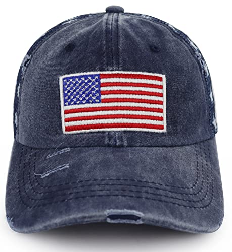 Image of American Flag Trucker Hat for Men Women, Adjustable Vintage Embroidery Washed Distressed USA Baseball Cap