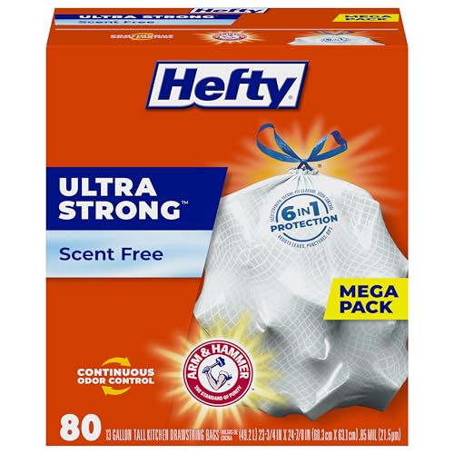 Hefty Ultra Strong Tall Kitchen Trash Bags, Unscented, 13 Gallon, 80 Count