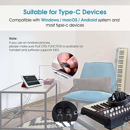 OTraki USB C MIDI Cable 6.5Ft 2M In-Out MIDI to USB C Cable with LED Indicator 5 PIN DINs for Music Keyboard Piano to PC… - Image 4