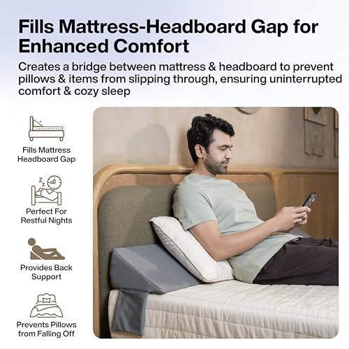 Image of FOVERA Bed Wedge Pillow for Headboard Gap, Premium Supersoft Foam for Filling Gap Between Headboard & Mattress with Side Pockets (Queen - 60 x 10 x 6 Inch)