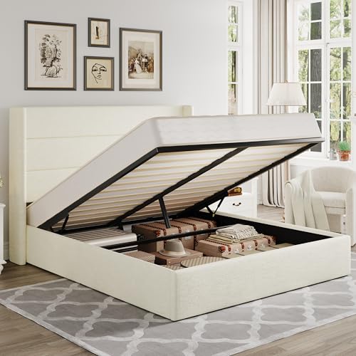 Image of Allewie Full Size Lift Up Storage Bed, Chenille Fabric Upholstered, Modern Wingback Headboard, Hydraulic Support, No Box Spring Needed, Cream White