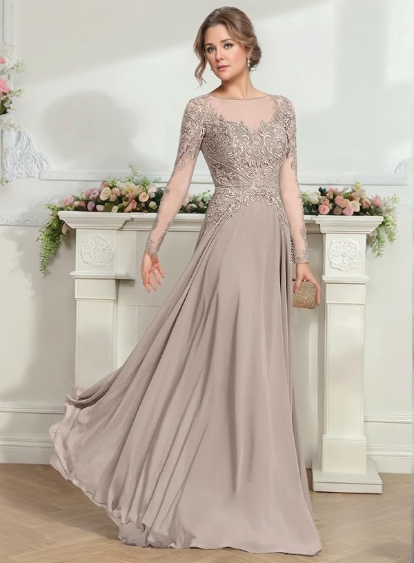 Chiffon Long Sleeve Mother of The Bride Dresses Scoop Neck Sequin Laces Appliques Mother of The Groom Dress3