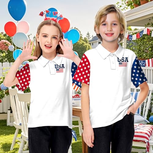 Image of AOBUTE Kids 4th of July Polo American Flag Short Sleeve Button Down Shirts Tops 3-14 Years