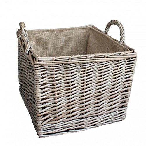 Red Hamper Small Antique Wash Square Hessian Lined Log Basket, Wicker, Brown, H33 x W33 x D26cm