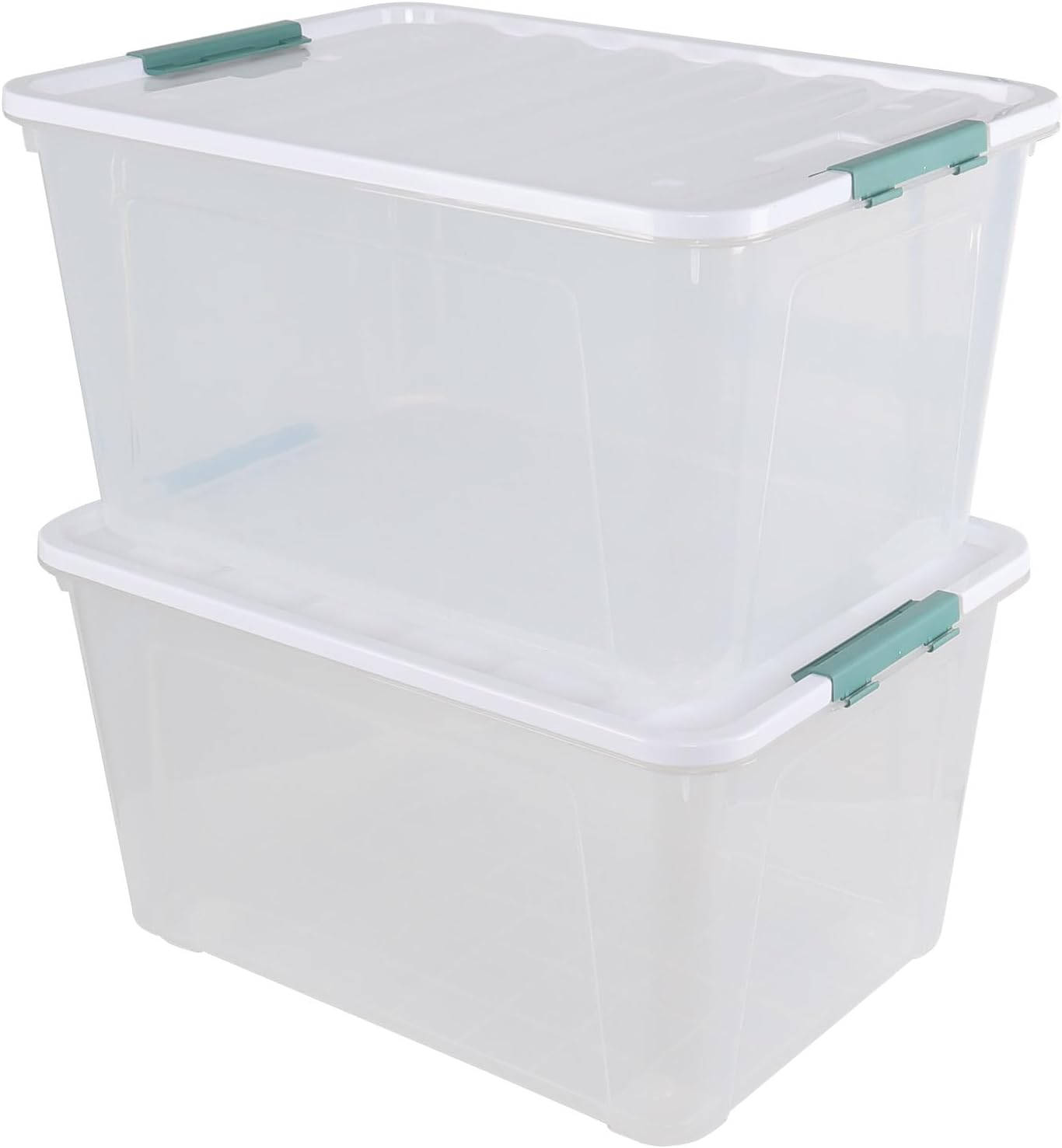85 Quart Clear Latching Box with Wheels, Large Plastic Lidded Storage Bins, 2 Pack