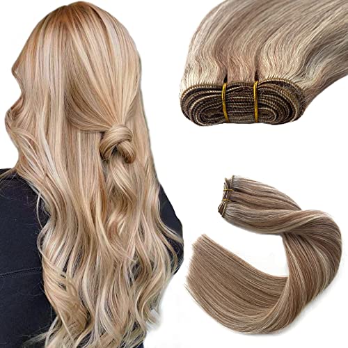 Image of Sew in Weft Hair Extensions Real Human Hair, Golden Brown and Blonde Mixed Weft Hair Extensions Human Hair, 12 Inch 80G Hand Tied Wefts Hair Extension Human Hair Bundles Sew in Extensions for Women