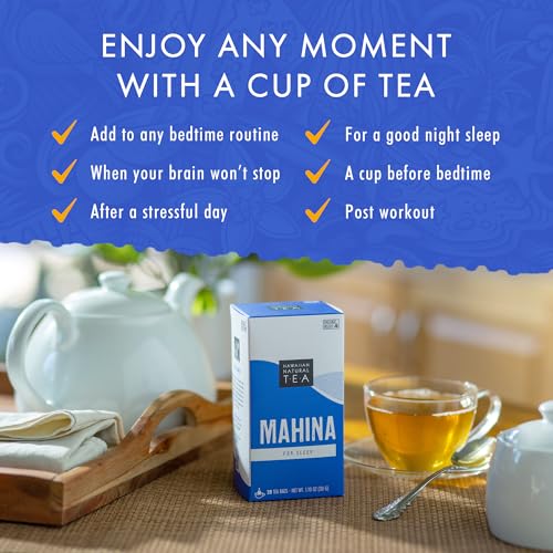 Image of Hawaiian Natural Tea Organic Mahina Chamomile Tea with Passionflower & Valerian Root - Caffeine Free, Herbal, Antioxidant-Rich, For Calming, Wellness, Bedtime, Anxiety & Stress - 60 Bags