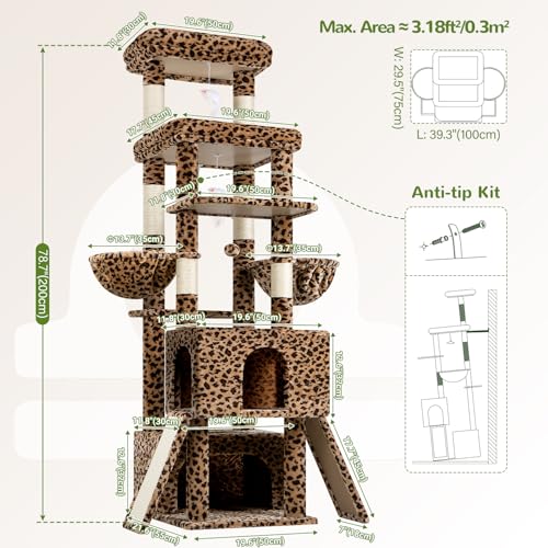 Image of Globlazer Heavy Duty Cat Tree 78 inch Sturdy Cat Tower for 20lbs Large Adult Cats, Symmetrical Aesthetic Big Cat Tree with Extra Large Platform, 2 Scratching Boards, Z78, Leopard Print