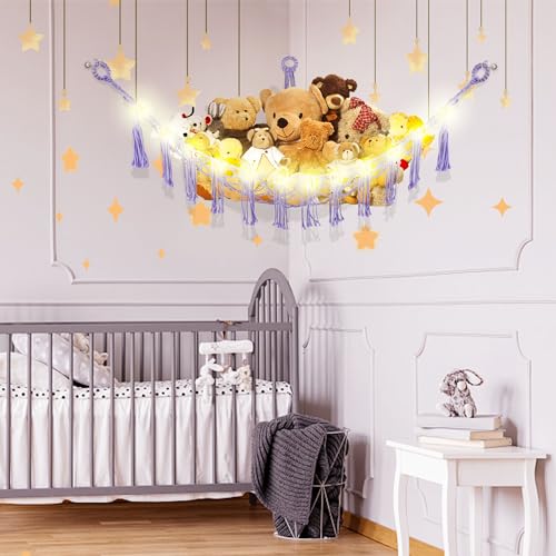 Image of CERETIA Stuffed Animal Hammock with LED Light, Large Stuffed Animals Storage Corner Plushie Net for Kids Room Decor, 2 Packs Purple