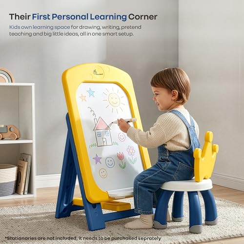 Image of R for Rabbit Little Genius Doodle Duo for Kids Whiteboard with Chair Set | 7-Level Adjustable Height Study Table for 3-7 Years | Foldable & Space Saving | Desk for Learning & Drawing (Yellow Blue)